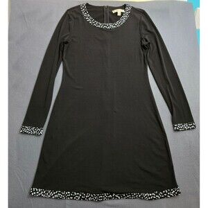 Michael Kors Women M Black Long Sleeve Animal Print Trim Midi Shift Dress